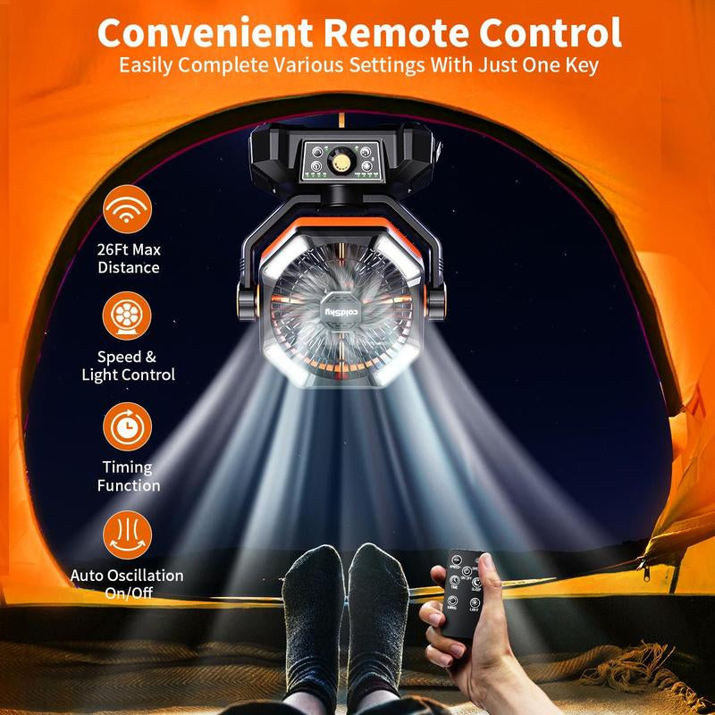 Coldsky 20000Mah Camping Fan with Dual Motor, Portable Outdoor Rechargeable Fan with 4 LED Lantern, 8 Speeds Desk Fan with Remote & Hook for Tent, Power Outages, Jobsite, Fan with Charging Function