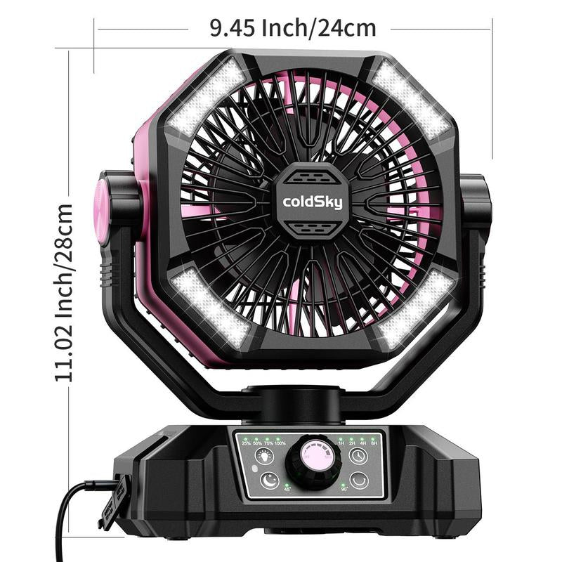 Coldsky 20000Mah Camping Fan with Dual Motor, Portable Outdoor Rechargeable Fan with 4 LED Lantern, 8 Speeds Desk Fan with Remote & Hook for Tent, Power Outages, Jobsite, Fan with Charging Function