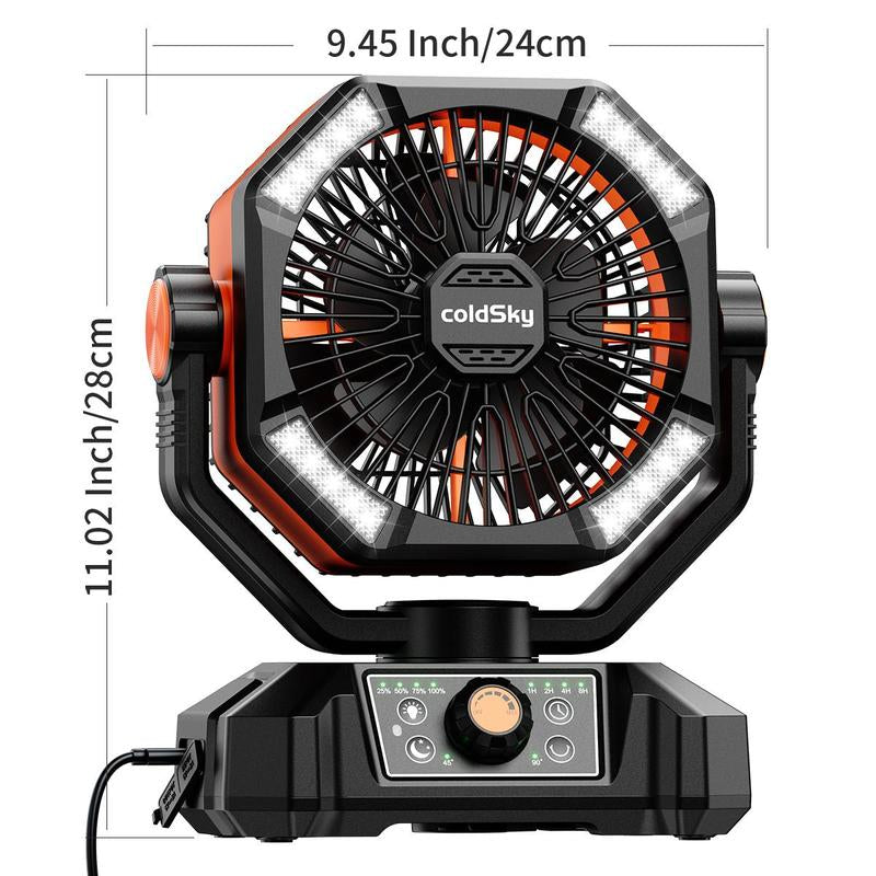 Coldsky 20000Mah Camping Fan with Dual Motor, Portable Outdoor Rechargeable Fan with 4 LED Lantern, 8 Speeds Desk Fan with Remote & Hook for Tent, Power Outages, Jobsite, Fan with Charging Function