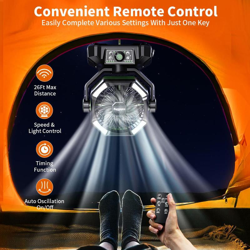 Coldsky 20000Mah Camping Fan with Dual Motor, Portable Outdoor Rechargeable Fan with 4 LED Lantern, 8 Speeds Desk Fan with Remote & Hook for Tent, Power Outages, Jobsite, Fan with Charging Function