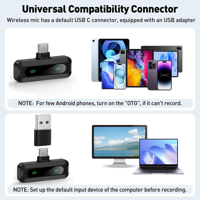 USB-C Lavalier Microphone, Clip-On Audio Mic with Clip & Indicator Light, Mini Microphones Kit, Wireless Microphones for Type-C Android Phones/Tablets/Pc Video Recording, Streaming Equipment