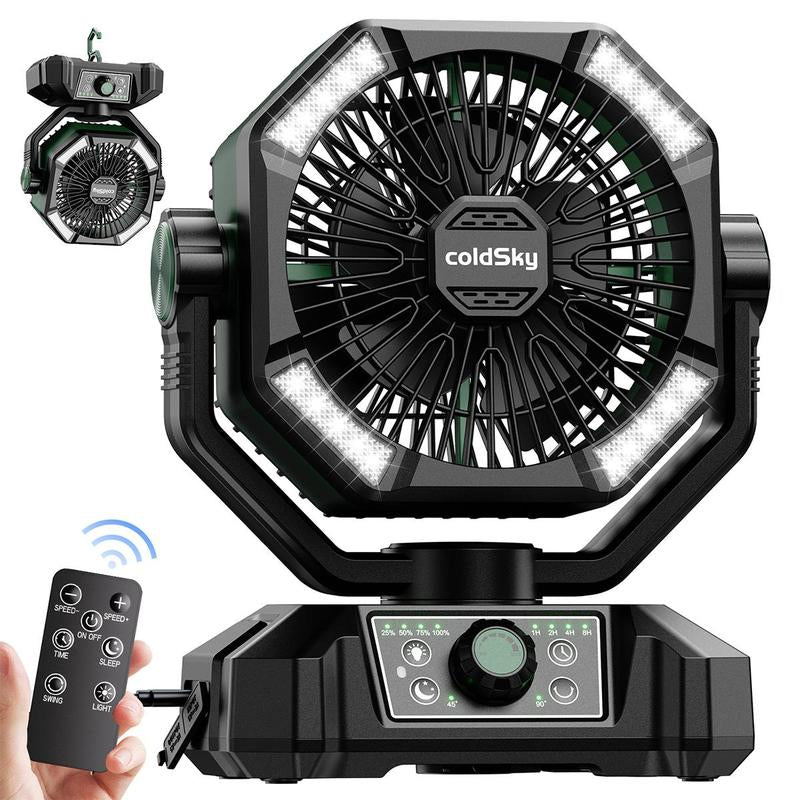 Coldsky 20000Mah Camping Fan with Dual Motor, Portable Outdoor Rechargeable Fan with 4 LED Lantern, 8 Speeds Desk Fan with Remote & Hook for Tent, Power Outages, Jobsite, Fan with Charging Function