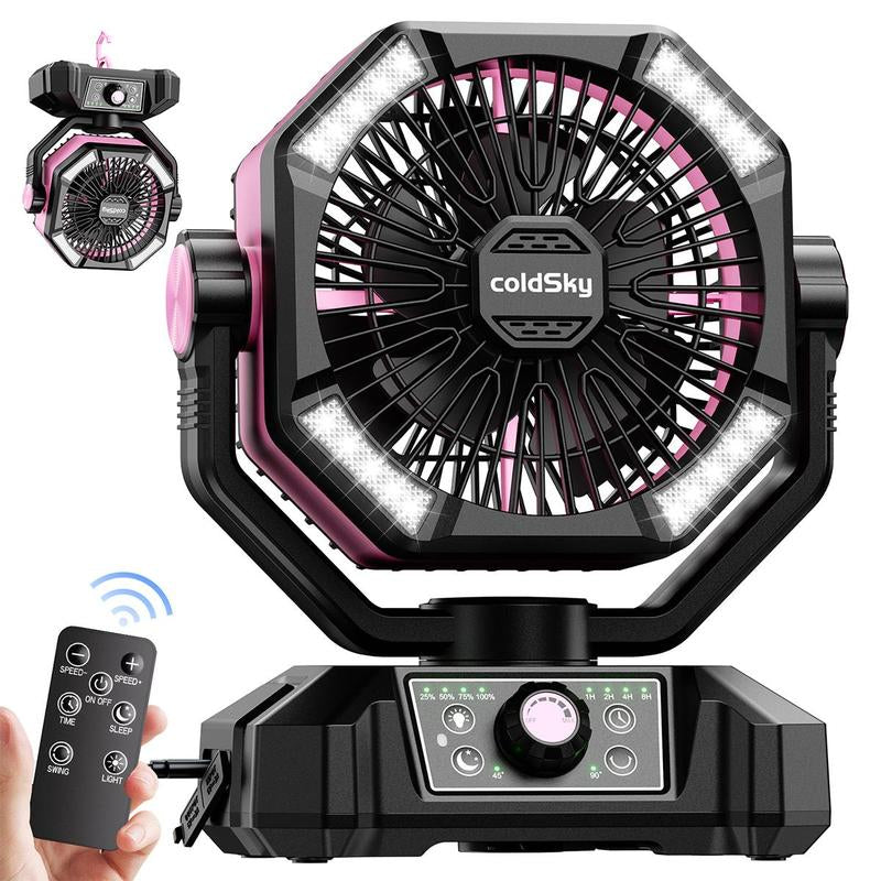 Coldsky 20000Mah Camping Fan with Dual Motor, Portable Outdoor Rechargeable Fan with 4 LED Lantern, 8 Speeds Desk Fan with Remote & Hook for Tent, Power Outages, Jobsite, Fan with Charging Function