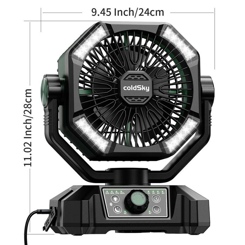 Coldsky 20000Mah Camping Fan with Dual Motor, Portable Outdoor Rechargeable Fan with 4 LED Lantern, 8 Speeds Desk Fan with Remote & Hook for Tent, Power Outages, Jobsite, Fan with Charging Function