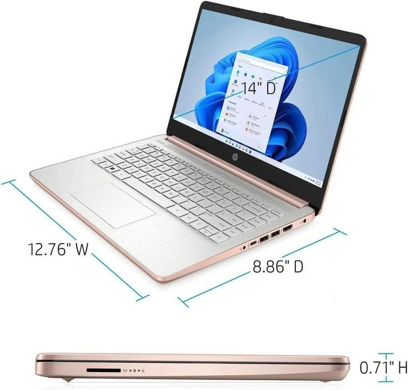 HP 14 Inch Laptop for Students and Business, Intel Quad-Core Processor, up to 16GB RAM, 384GB Storage, Long Battery Life, UHD Graphics, Win 11 S, Rose Gold,Bundle with Folding Mouse