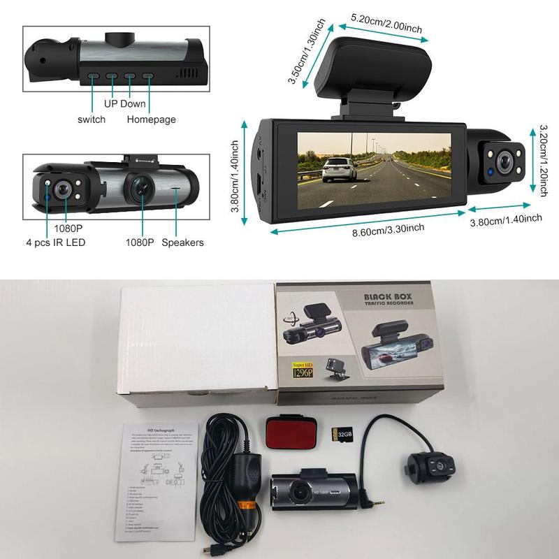 Car Dash Cam with Front and Rear Camera, 1 Count Car Dashboard Wide Angle Dash Cam with IR Night Vision, Loop Recording Car Camera with 32GB TF Card