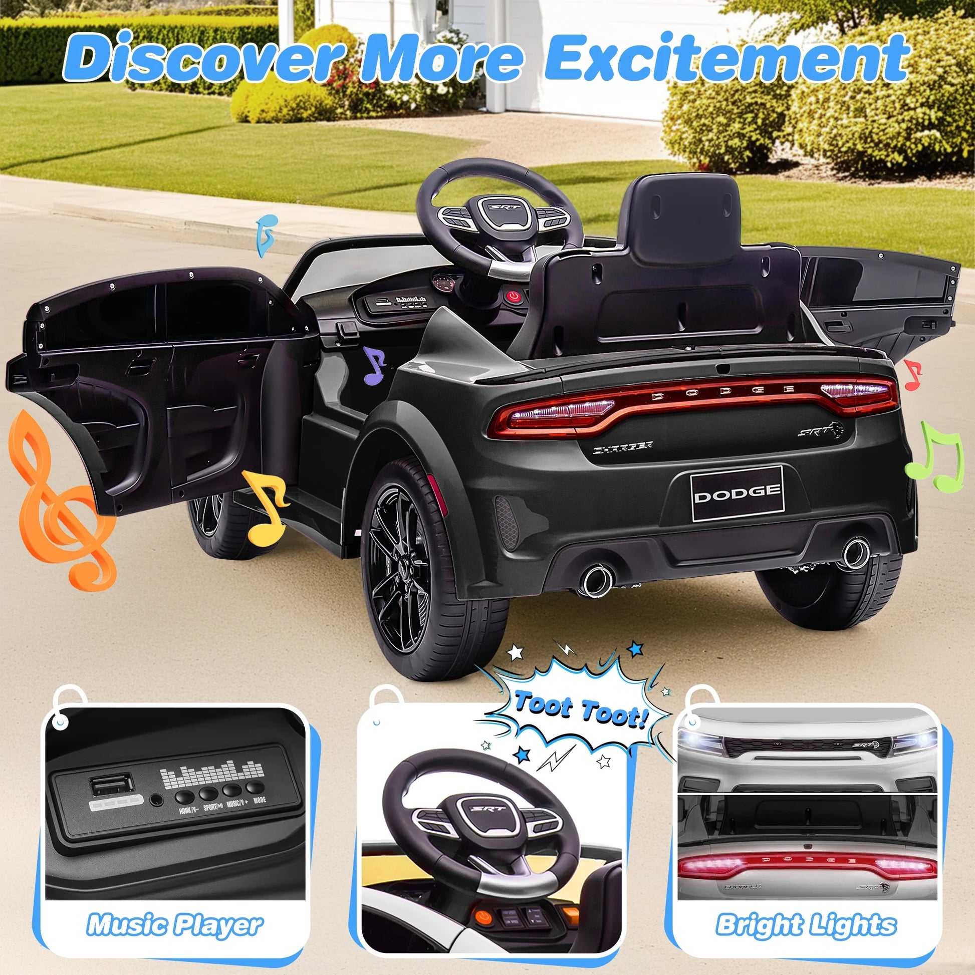 Dodge Electric Ride on Cars for Kids, 12V Licensed Dodge Charger SRT Powered Ride on Toys Cars with Parent Remote Control, Electric Car for Girls 3-5 W/Music Player/Led Headlights/Safety Belt, Black