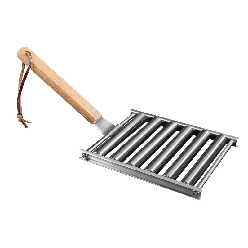 Hot Dog Roller Rack, Stainless Steel Outdoors BBQ Sausage Grill Pan with Long Wood Handle,New Barbecue Tools