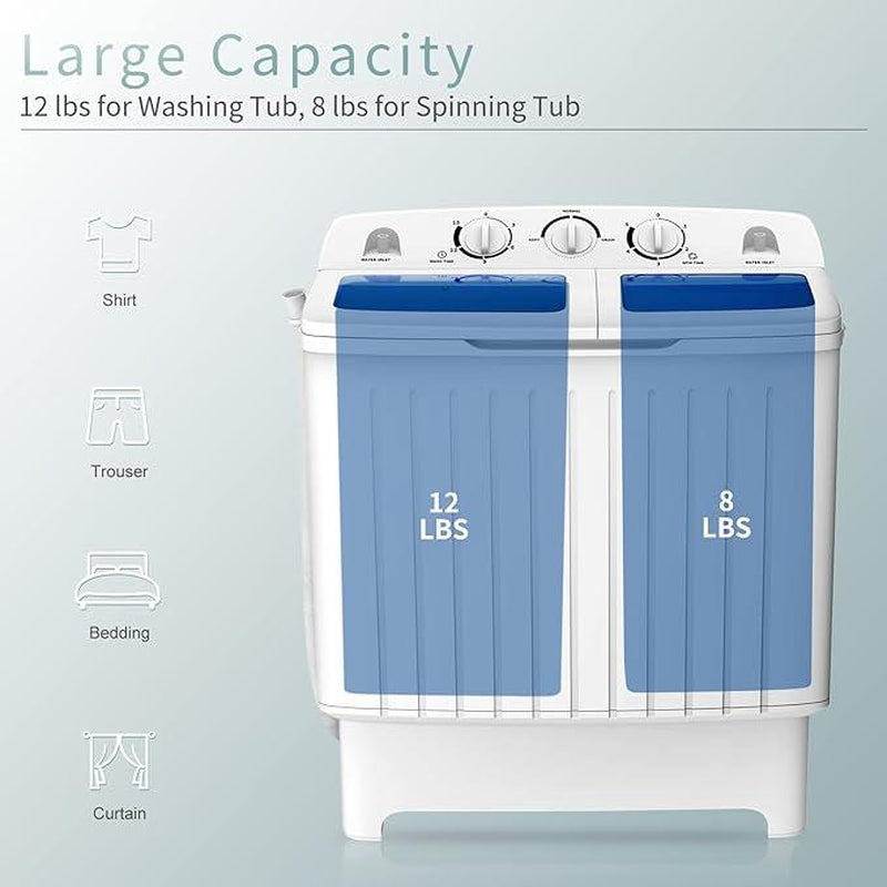 Costway Washing Machine-Portable Mini Compact Twin Tub Washer, Control Knobs, Timer Control, Built-In Pump Drain, Durable Design, Compact Laundry Washer for RV, Apartments and Dorms