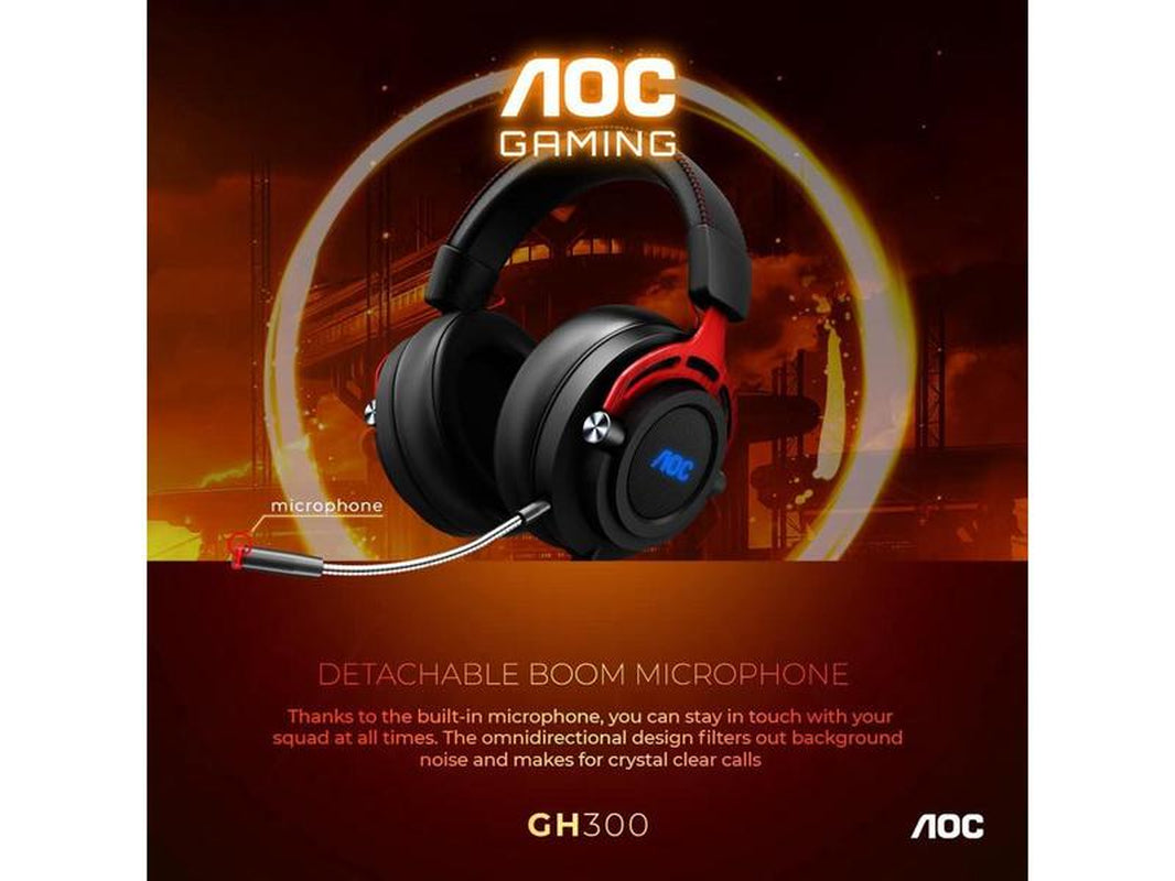 AOC GH300 USB Gaming Headset with RGB-LED Gaming Headset with Detachable Microphone, 50Mm Drivers and 7.1 Virtual Surround Stereo with Hi-Fi Audio