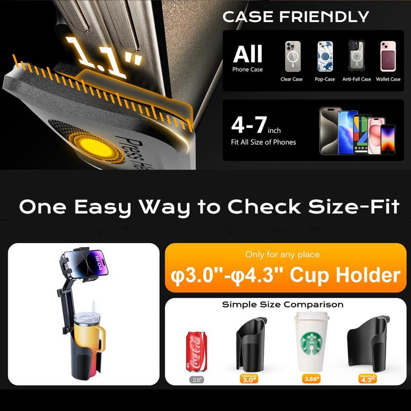 2 in 1 Car Cup Holder Extender with Smartphone Holder, Universal Car Accessories, Car Stuff, Adjustable & Sturdy Phone Stand for Cellphone, Universal Durable Phone Accessories for Car