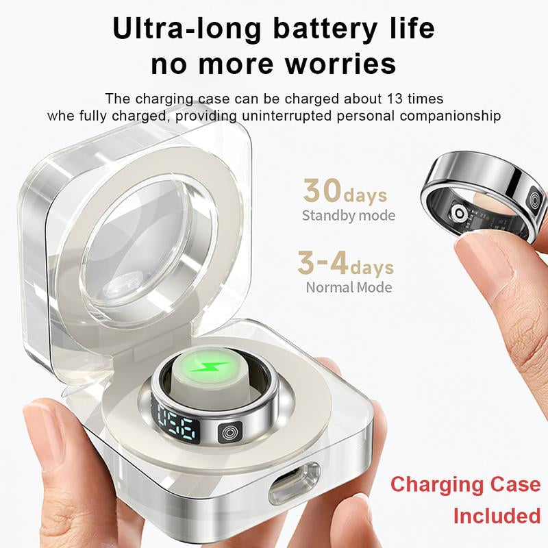 Smart Ring with Charging Box - Activity Tracker, Fitness, over 20 Exercise Modes, Compatible with Iphone and Android, USB Charging, Ultra Low Power Consumption, Remote Photo Control, Multiple Sizes, Ideal for Valentine'S Day/Christmas/New Year Gifts