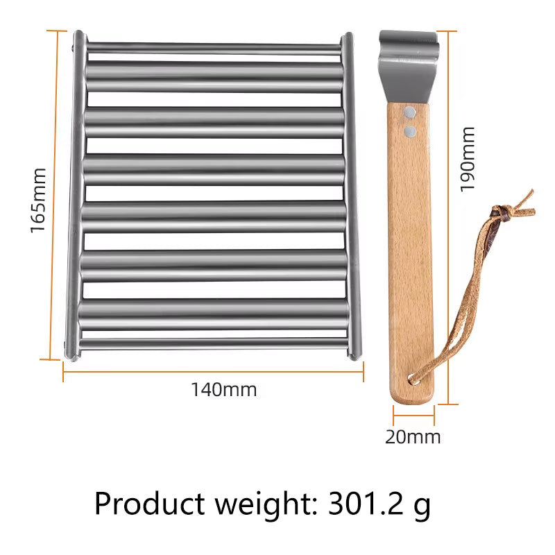 Hot Dog Roller Rack, Stainless Steel Outdoors BBQ Sausage Grill Pan with Long Wood Handle,New Barbecue Tools