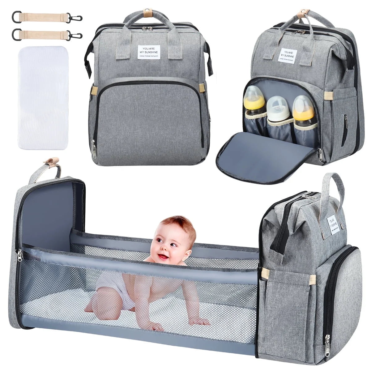 Diaper Bag Backpack,  Multifunction 3 in 1 Waterproof Travel Back Pack, Baby Changing Bags with Changing Pad, Stroller Straps, Unisex, Grey