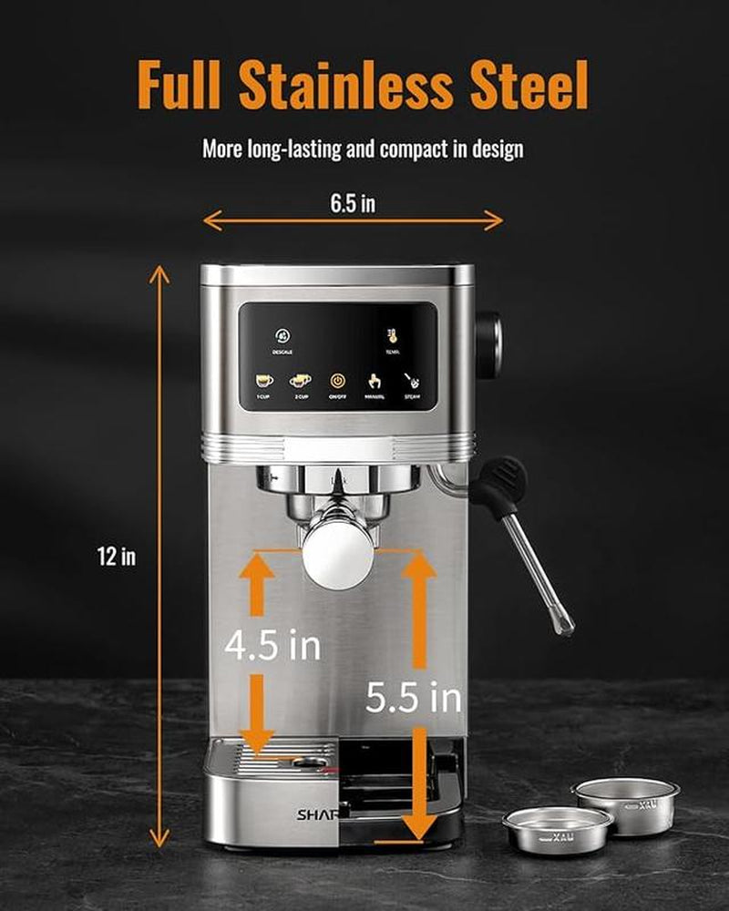 Professional Espresso Machine 20 Bar with Milk Frother Steam Wand and Touchscreen, Compact Stainless Steel Coffee Machine with Adjustable Temperature