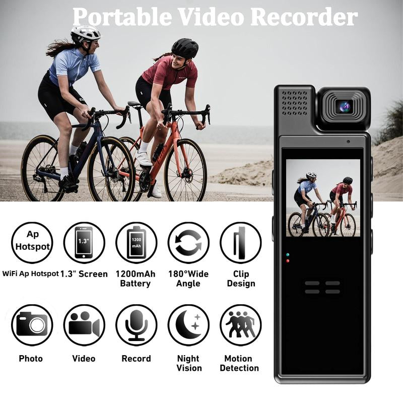 Hd Wearable Vlogging Camera, Portable Body Camera with 180° Rotation Lens & 1.3'' LCD Color Screen, Wireless Wifi Action Camera with Motion-Detection