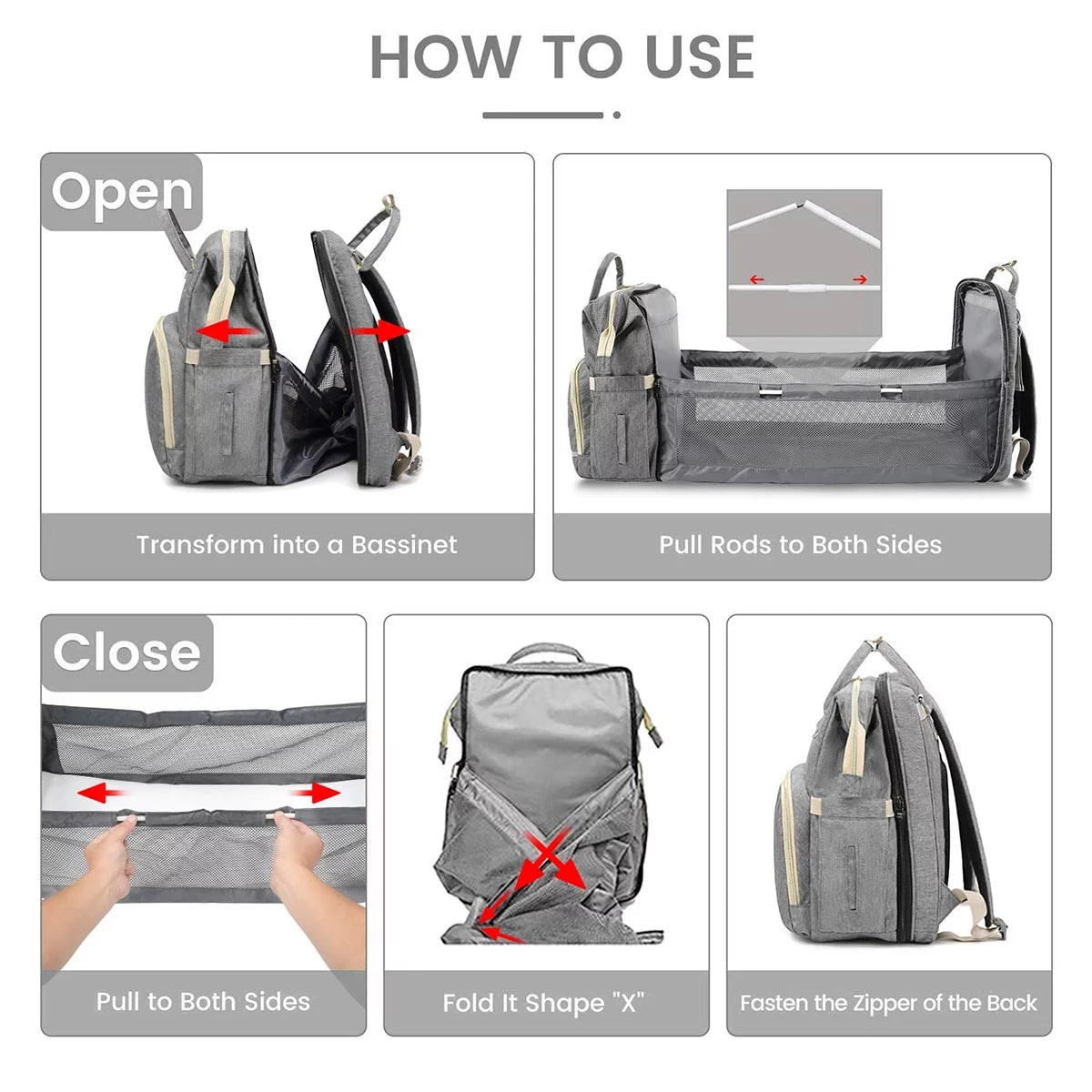 Diaper Bag Backpack,  Multifunction 3 in 1 Waterproof Travel Back Pack, Baby Changing Bags with Changing Pad, Stroller Straps, Unisex, Grey