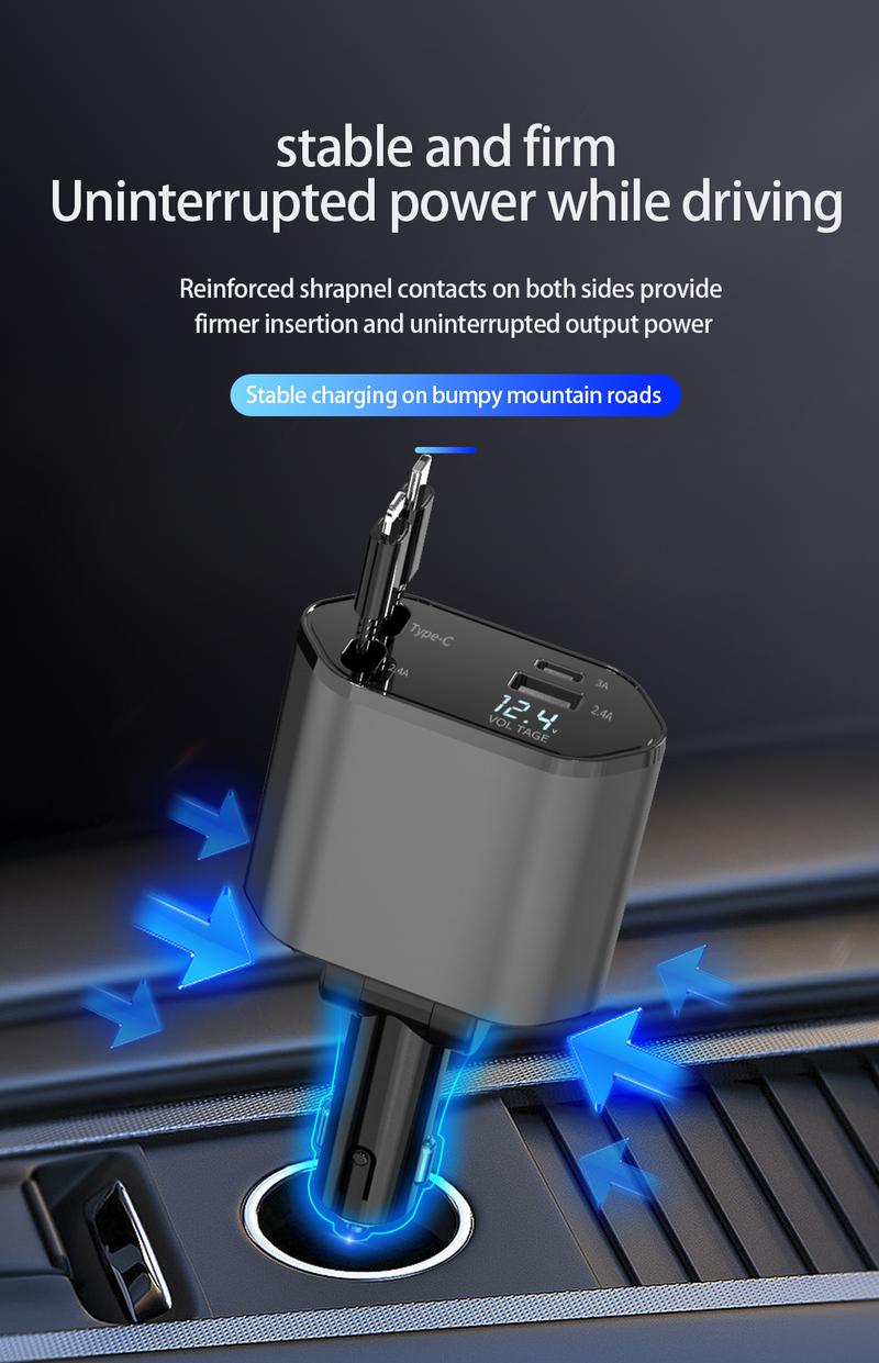 120W Retractable Car Charger | 4-in-1 Fast Charging | USB & Retractable Cables | iPhone, Galaxy, Pixel