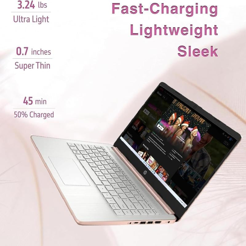 HP 14 Inch Laptop for Students and Business, Intel Quad-Core Processor, up to 16GB RAM, 384GB Storage, Long Battery Life, UHD Graphics, Win 11 S, Rose Gold,Bundle with Folding Mouse