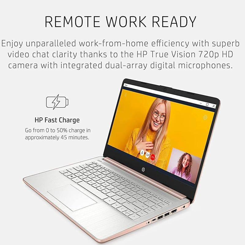 HP 14 Inch Laptop for Students and Business, Intel Quad-Core Processor, up to 16GB RAM, 384GB Storage, Long Battery Life, UHD Graphics, Win 11 S, Rose Gold,Bundle with Folding Mouse