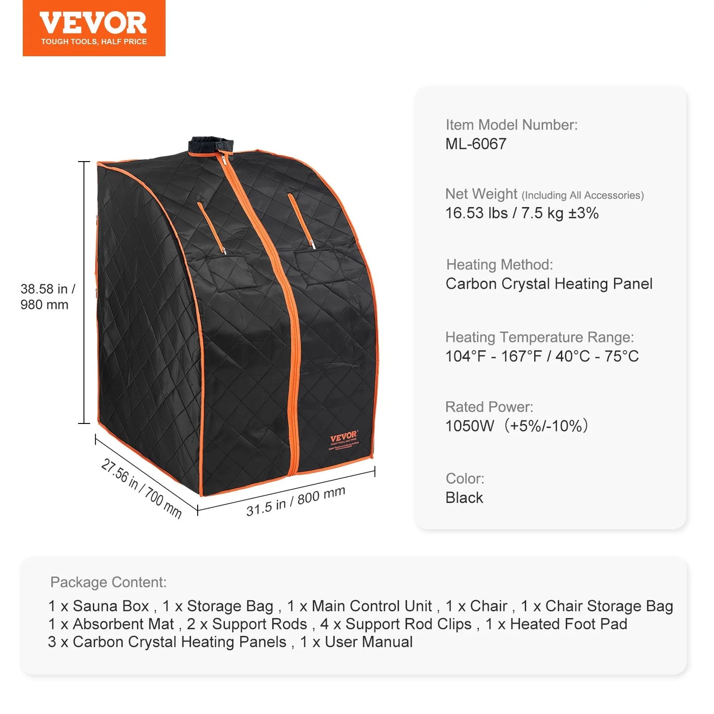 VEVOR Sauna Blanket for Detoxification, 1050W Portable Far Infrared Sauna Tent for Home, 104 - 167¨H, 1-60 Minutes Timer , Personal Sauna Box for Home Spa Indoor Black 27.56 X 31.5 X 38.58 Inch