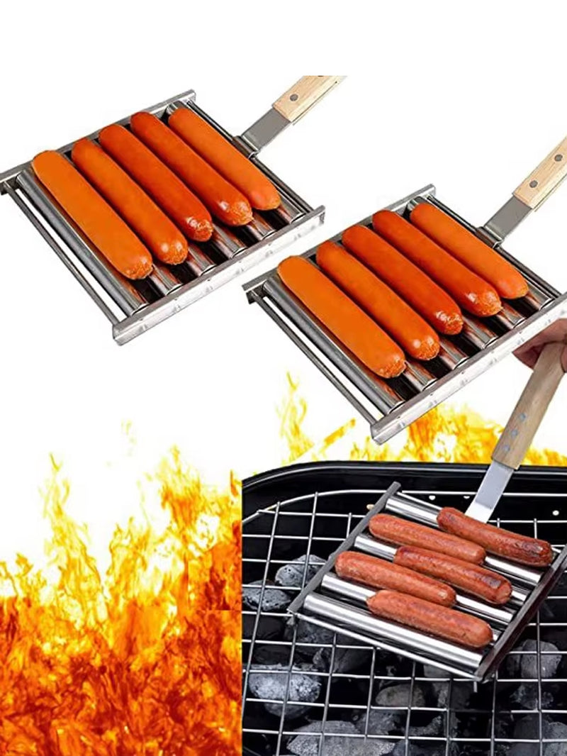 Hot Dog Roller Rack, Stainless Steel Outdoors BBQ Sausage Grill Pan with Long Wood Handle,New Barbecue Tools