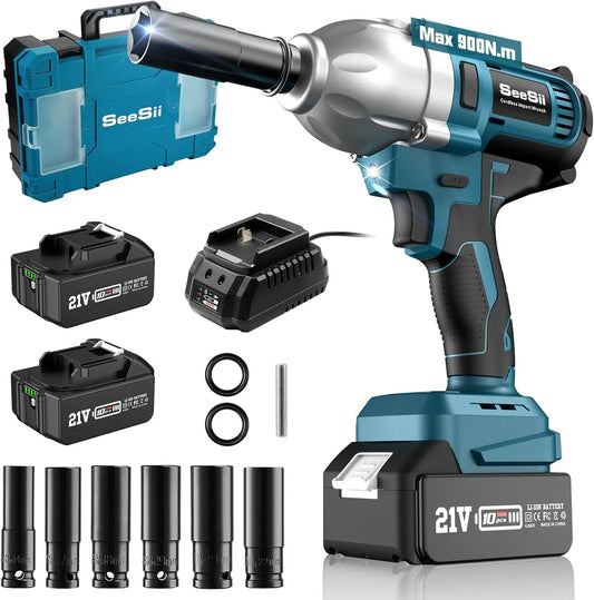 Seesii WH710 Cordless Electric Impact Wrench 1/2" for Car 665Ft-lbs(900N.m) Brushless 3300RPM High Torque Gun 2x 4.0Ah Battery