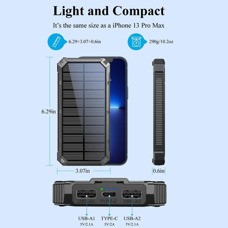 Solar Powered Power Bank, 20000Mah Portable Charger with Flashlight, Built-In Solar Panel and Bright Flashlight, Suitable for Outdoor Camping Party Sports, Valentine'S Day Gift