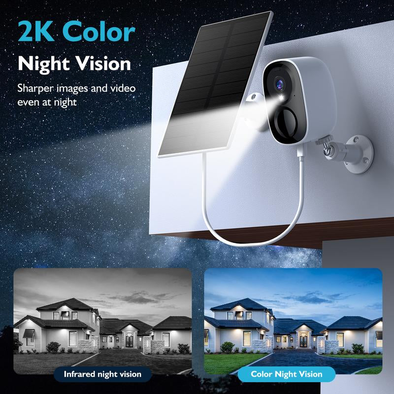 Solar Security Cameras Outdoor, 2K Battery Powered Wifi Bluetooth Surveillance Wireless Outdoor Cameras for Home Security System, Night Vision, Motion Detection, 2-Way-Talk, IP65 Weatherproof Monitoring Mini Camera