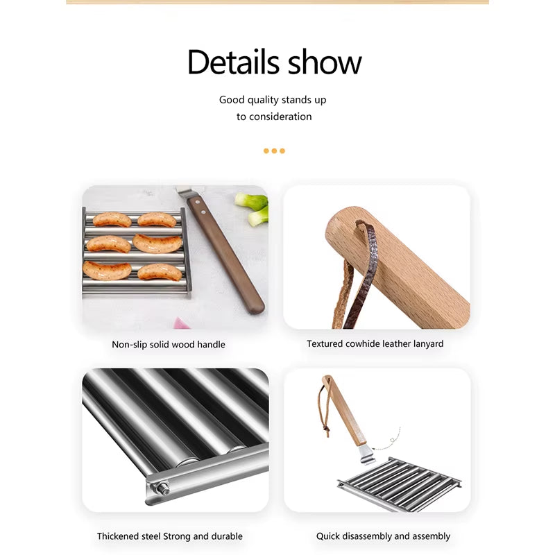 Hot Dog Roller Rack, Stainless Steel Outdoors BBQ Sausage Grill Pan with Long Wood Handle,New Barbecue Tools