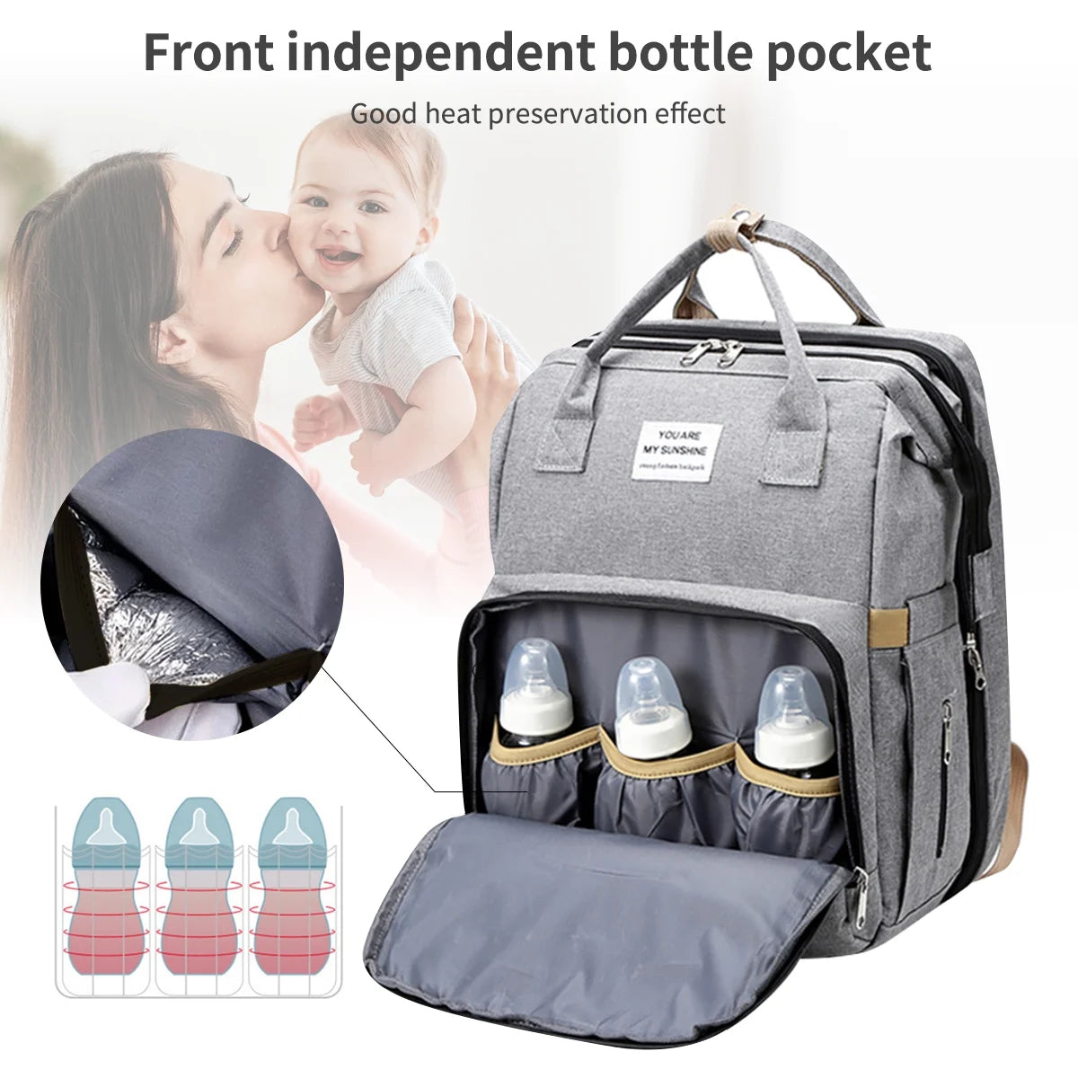 Diaper Bag Backpack,  Multifunction 3 in 1 Waterproof Travel Back Pack, Baby Changing Bags with Changing Pad, Stroller Straps, Unisex, Grey