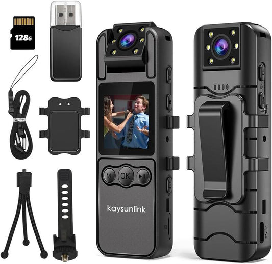 【Upgraded】1.4” Screen Body Camera Pro with Audio and Auto Video Night Vision 1080P FHD Mini Police Wearable Body Worn Cam Portable Small Personal Camcorder Sport Action Outdoor Video Recorder (128GB) HD 1080P