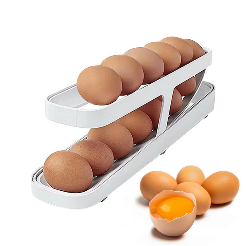 Automatic Scrolling Egg Rack Holder Storage Box Egg Basket Container Organizers Rolldown Refrigerator Eggs Dispenser for Kitchen