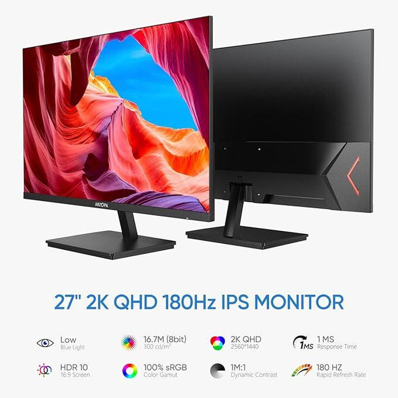 ARZOPA 27" 180HZ 2K Gaming Monitor- QHD 2560X1440 Fast IPS Computer PC Display 115% Srgb Adaptive-Sync 1Ms Response, 1X Display Port 1.4, 1X HDMI 2.0