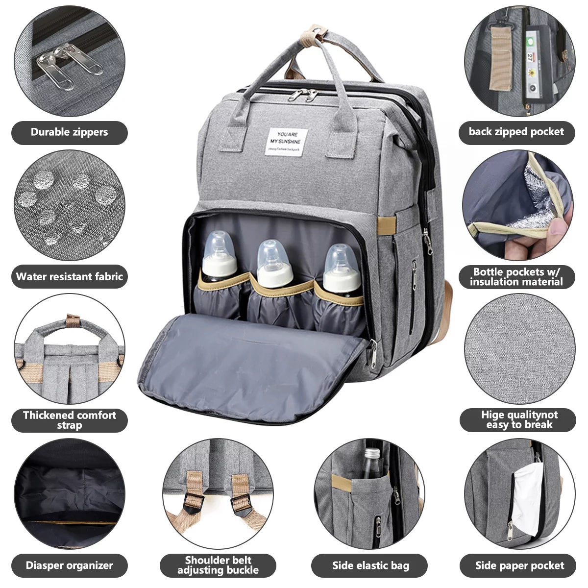 Diaper Bag Backpack,  Multifunction 3 in 1 Waterproof Travel Back Pack, Baby Changing Bags with Changing Pad, Stroller Straps, Unisex, Grey