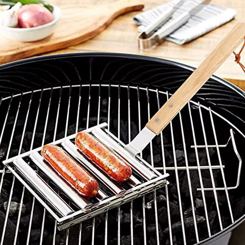 Hot Dog Roller Rack, Stainless Steel Outdoors BBQ Sausage Grill Pan with Long Wood Handle,New Barbecue Tools