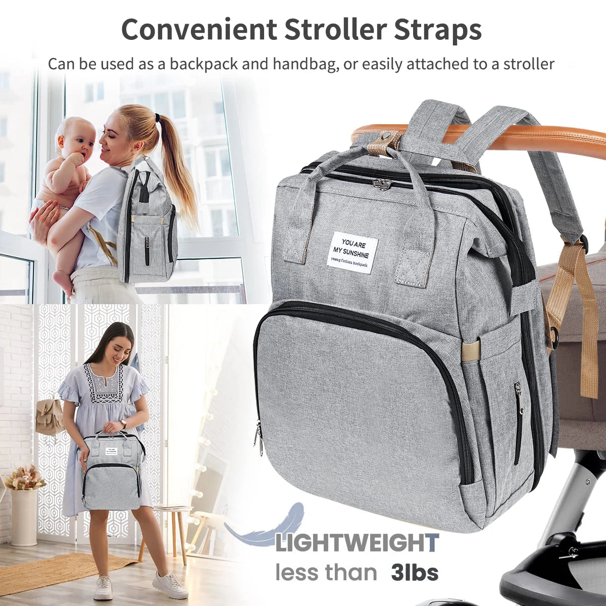 Diaper Bag Backpack,  Multifunction 3 in 1 Waterproof Travel Back Pack, Baby Changing Bags with Changing Pad, Stroller Straps, Unisex, Grey