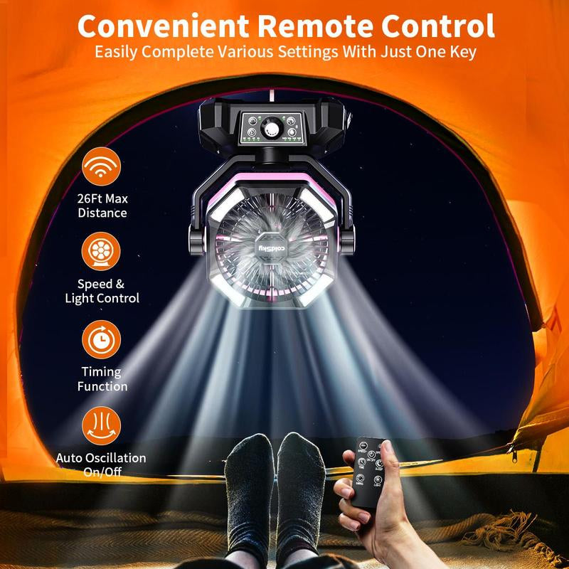 Coldsky 20000Mah Camping Fan with Dual Motor, Portable Outdoor Rechargeable Fan with 4 LED Lantern, 8 Speeds Desk Fan with Remote & Hook for Tent, Power Outages, Jobsite, Fan with Charging Function