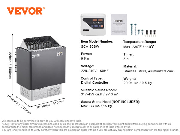 VEVOR 9kW Sauna Heater with External Controller - Fast Heating, Residential & Commercial Use